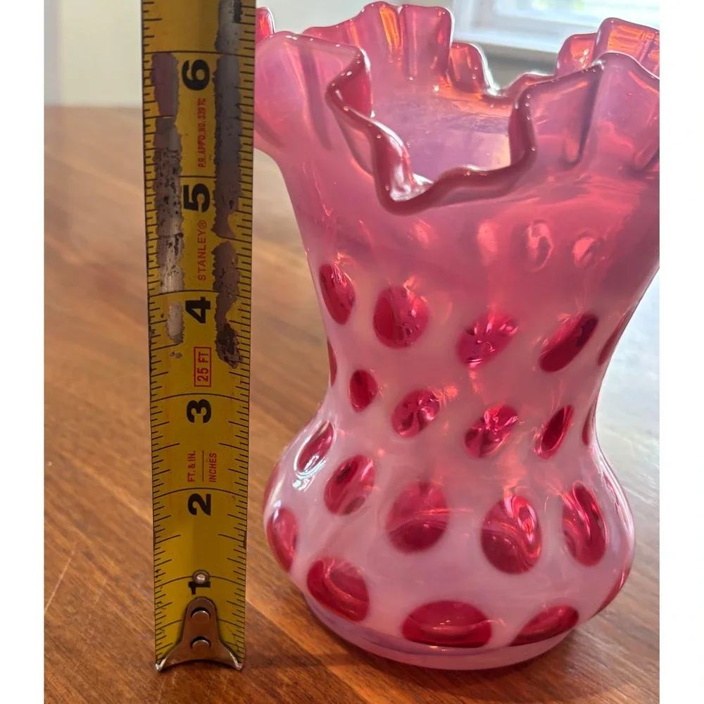 Fenton Cranberry Opalescent Coin Dot Ruffled Vase 6 Inch Pink Art Glass Vintage